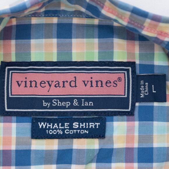 Vineyard Vines Blue Pink Long Sleeve Plaid Button Down Whale Shirt Size Large - Picture 5 of 9